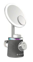 Porodo Makeup Mirror with Wireless Charger & Speaker, Button Control, 15W Phone Output, 3W Watch  Bluetooth Version 5.1, 5W Earbuds Output, 3 - Silver - مرايا مع اضاءة ميك اب + شاحن ساعة + شاحن سماعة ماغ سيف + مكبر صوت سبيكر - بورودو - كفالة 24 شهر