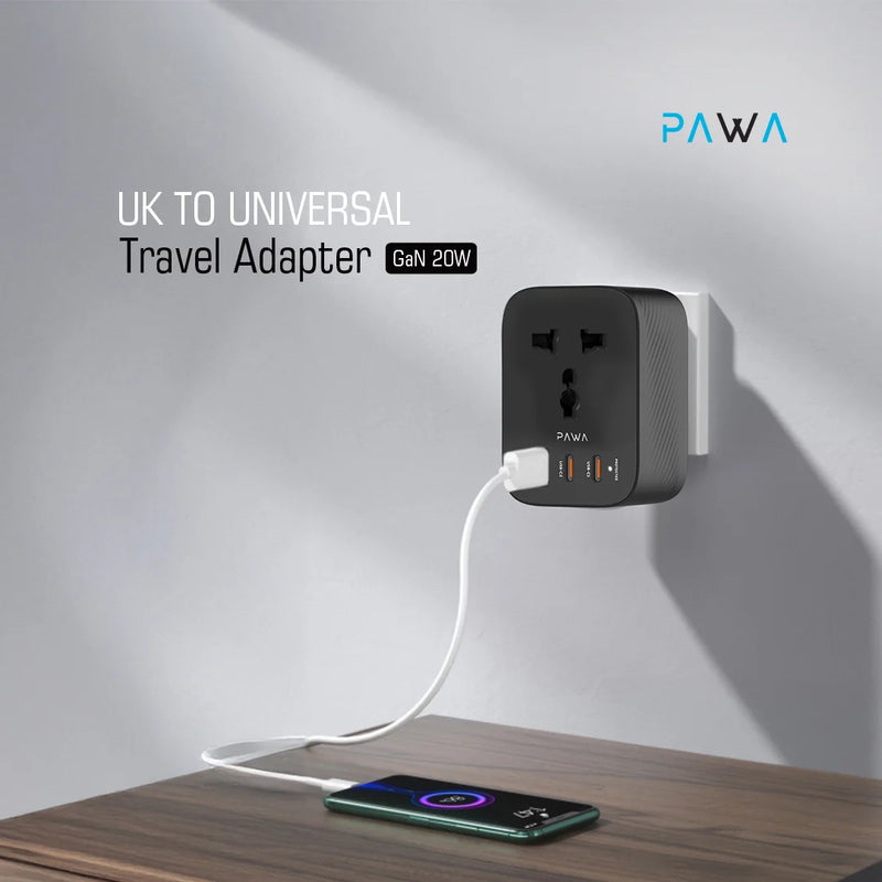 Pawa UK TO UNIVERSAL TRAVEL ADAPTER GAN 20W.  - شاحن حائط  - 3 منافذ للشحن + منفذ كهرباء - قوة 20 واط - كفالة 24 شهر