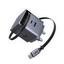 UGREEN 65W 2-Port GaN Fast Charger with Retractable Cable - Space Gray [B] - شاحن حائط  - يو جرين - واير تايب سي + فتحة تايب سي - 1 فتحة يو اس بي - قوة 65 واط - كفالة 12 شهر