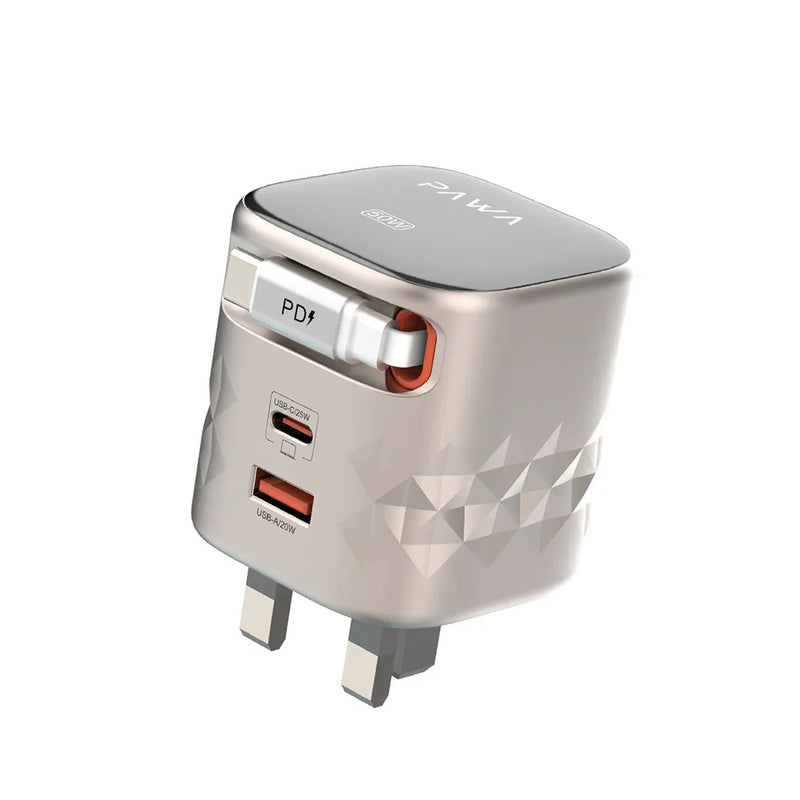PAWA Dual Port | TYPE-C RETRACTABLE CABLE GaN Charger 50W - Titanium & Black - بلاك حائط شحن - 2 فتحتين للشحن السريع - 1 فتحة تايب سي + 1 فتحة يو اس بي - قوة 50 واط  مع كيبل تايب سي - كفالة 24 شهر