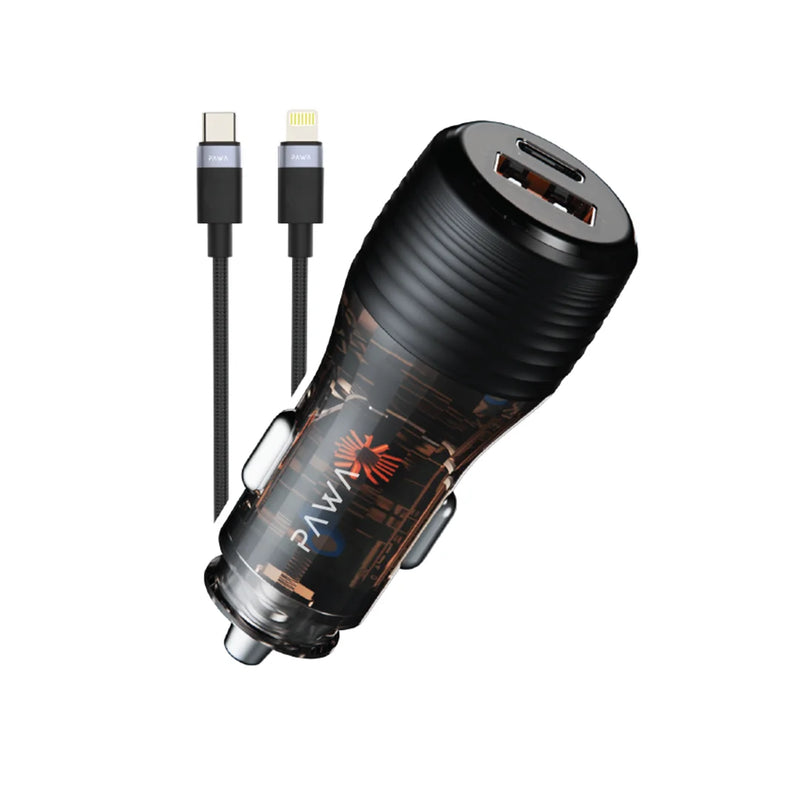 PAWA Car Charger Dual Port PD+QC Includes Braided USB-C to Lightning Cable 30W - شاحن سيارة + سلك شحن ايفون - باوا  - منفذ يو اس بي + تايب سي  - كفالة 12 شهر