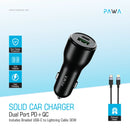 PAWA Car Charger Dual Port PD+QC Includes Braided USB-C to Lightning Cable 30W - شاحن سيارة + سلك شحن ايفون - باوا  - منفذ يو اس بي + تايب سي  - قوة 51 واط - كفالة 24 شهر