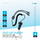 PAWA Solid Car Charger Dual Port 68W PD+QC With USB-C and Lightning Cable - شاحن ولاعة مع كيبل تايب سي  ايفون 68 واط - باوا - اسود - كفالة 12 شهر