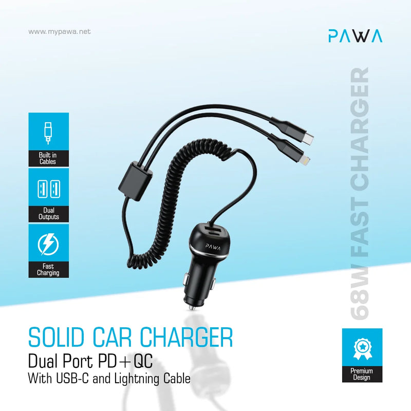 Solid Car Charger Dual Port PD+QC With USB-C and Lightning Cable - شاحن ولاعة مع كيبل تايب سي  ايفون - باوا - اسود - كفالة 12 شهر