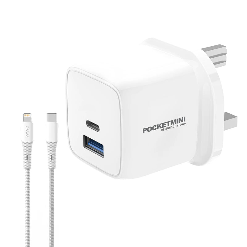 Pawa PocketMini Travel Charger Dual PD + QC Port 20W With Type-C to Lightning Cable - بلاك شاحن حائط + سلك شحن ايفون - فتحتين للشحن20 واط - باوا - كفالة 12 شهر