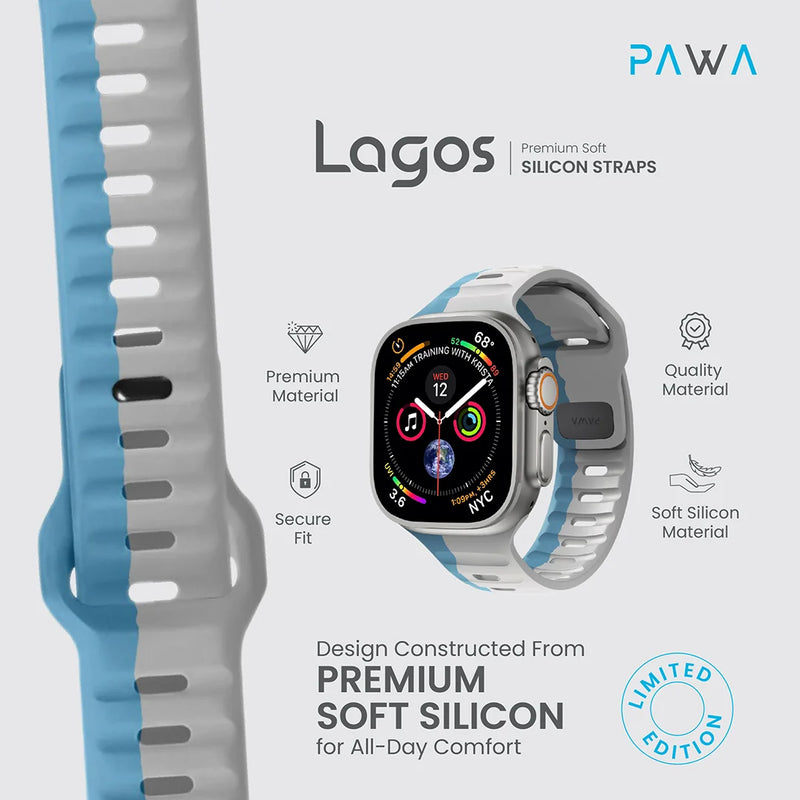 PAWA - Lagos Premium Soft Silicon Straps - Grey & Blue - سير ساعه أبل واتش