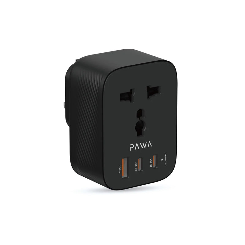 Pawa UK TO UNIVERSAL TRAVEL ADAPTER GAN 20W.  - شاحن حائط  - 3 منافذ للشحن + منفذ كهرباء - قوة 20 واط - كفالة 24 شهر