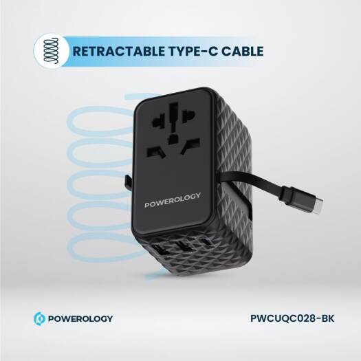 Powerology GaN 20W PD Universal Adapter Retractable Type-C Cable - Black - بلاك حائط شحن دولي - 3 فتحات للشحن - 1 فتحات تايب سي + 2 فتحة يو اس بي - قوة 20 واط  مع كيبل تايب سي - كفالة 24 شهر