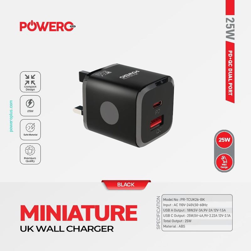 POWERO PLUS MINIATURE UK WALL CHARGER 25W PD+QC DUAL PORT - بلاك شاحن حائط + منفذين للشحن السريع - 25 واط - باورو - كفالة 12 شهر