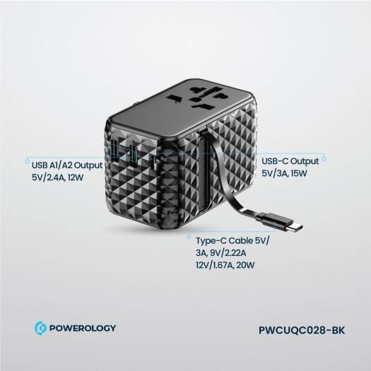 Powerology GaN 20W PD Universal Adapter Retractable Type-C Cable - Black - بلاك حائط شحن دولي - 3 فتحات للشحن - 1 فتحات تايب سي + 2 فتحة يو اس بي - قوة 20 واط  مع كيبل تايب سي - كفالة 24 شهر