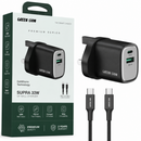 Green Lion SUPRA 33W GaN UK Wall Charger USB A & C with USB C to C Cable - Black Grey - بلاك شاحن حائط - تايب سي - قوة 33واط - جرين ليون - كفالة 12 شهر