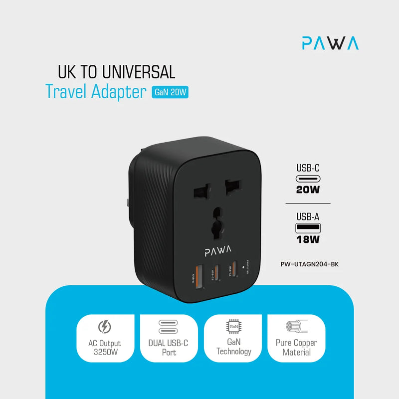 Pawa UK TO UNIVERSAL TRAVEL ADAPTER GAN 20W.  - شاحن حائط  - 3 منافذ للشحن + منفذ كهرباء - قوة 20 واط - كفالة 24 شهر