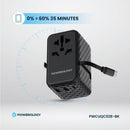 Powerology GaN 20W PD Universal Adapter Retractable Type-C Cable - Black - بلاك حائط شحن دولي - 3 فتحات للشحن - 1 فتحات تايب سي + 2 فتحة يو اس بي - قوة 20 واط  مع كيبل تايب سي - كفالة 24 شهر