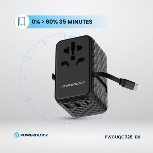Powerology GaN 20W PD Universal Adapter Retractable Type-C Cable - Black - بلاك حائط شحن دولي - 3 فتحات للشحن - 1 فتحات تايب سي + 2 فتحة يو اس بي - قوة 20 واط  مع كيبل تايب سي - كفالة 24 شهر