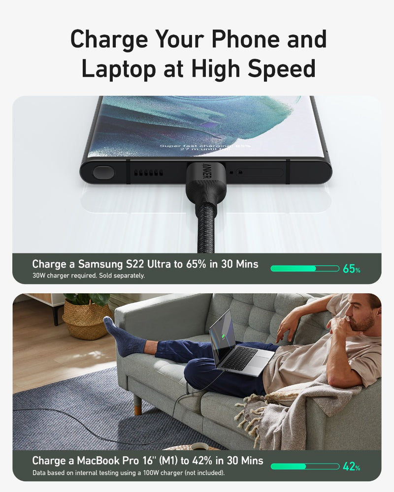 Anker 544 USB-C to USB-C 140W (Bio-Nylon) (0.9m/3ft) - Black [D] - سلك شحن - انكر - تايب سي الى تايب سي - طول 90 سم - قوة 140 واط - كفالة 18 شهر