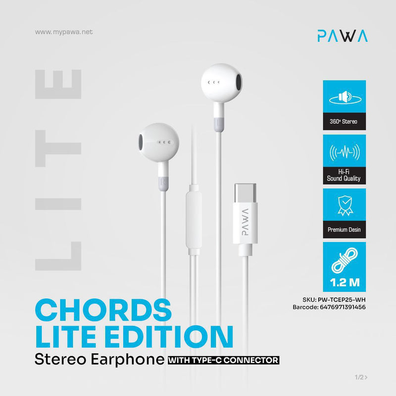 Pawa Lite Series Chords Earphone With Type-C Connector [O] - سماعة اذن - مع مايكروفون - تايب سي - كفالة 12 شهر
