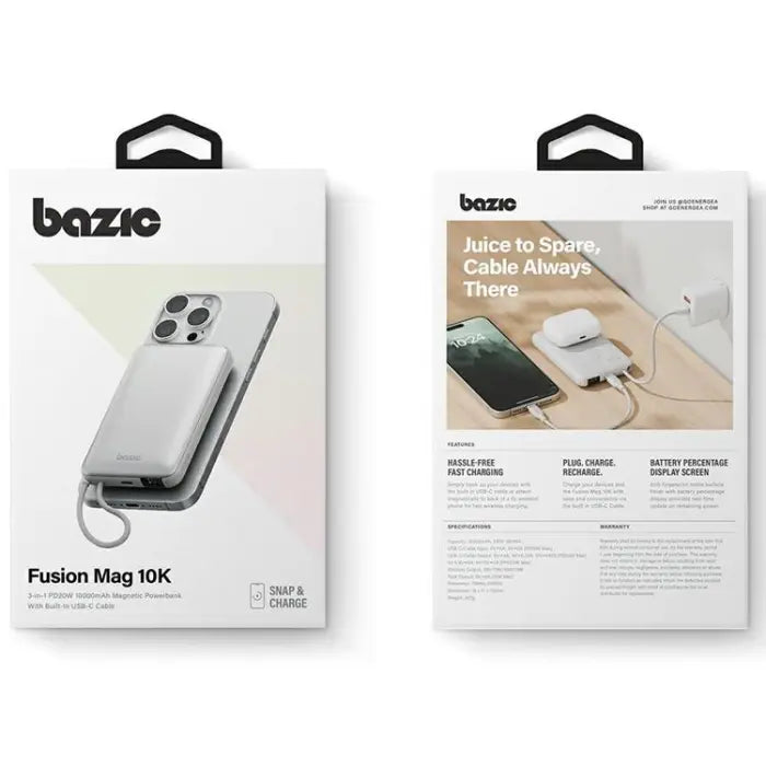 Bazic Fusion MagSafe PowerBank 10000mAh med USB-C Kabel - Vanilla - بطارية متنقلة - بيزك - قوة 10000 -  تايب سي - 1 منفذ تايب سي - ماق سيف - شاشة رقمية - كفالة 24 شه