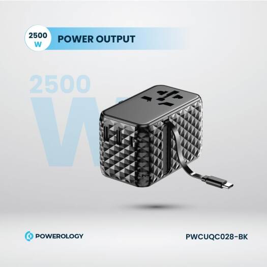 Powerology GaN 20W PD Universal Adapter Retractable Type-C Cable - Black - بلاك حائط شحن دولي - 3 فتحات للشحن - 1 فتحات تايب سي + 2 فتحة يو اس بي - قوة 20 واط  مع كيبل تايب سي - كفالة 24 شهر