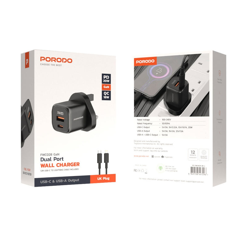Porodo PD 20W USB QC3.0 UK Fast Charger with C to C Cable - Black - بلاك شاحن حائط + سلك شحن تايب سي - طول 1.2 متر - بورودو - كفالة 12 شهر