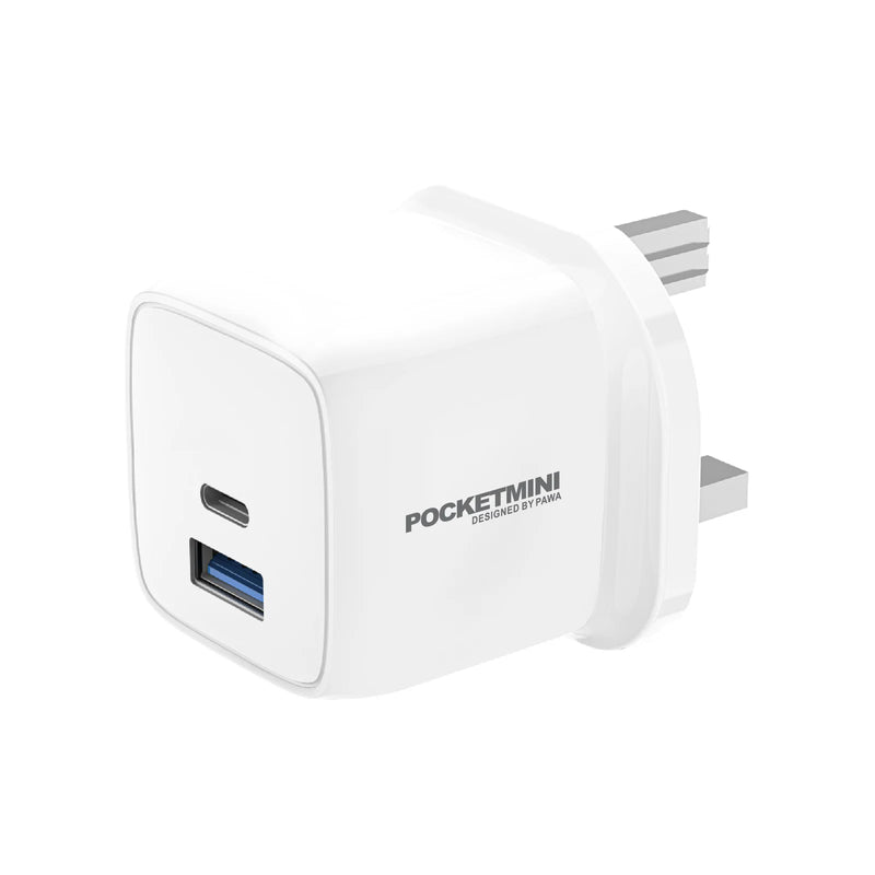Pawa PocketMini Travel Charger Dual PD + QC Port 20W - شاحن حائط - قوة 20 واط - منفذين تايب سي  للشحن السريع  - كفالة 12 شهر