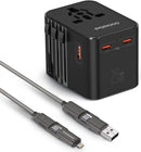 Porodo GaN Universal Travel Multi-Port Quick Charger – Black - شاحن حائط دولي - لجميع دول العالم - 3 منافذ للشحن الذكي والسريع + سلك شحن 3 في 1 - كفالة 24 شهر