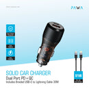 PAWA Car Charger Dual Port PD+QC Includes Braided USB-C to Lightning Cable 30W - شاحن سيارة + سلك شحن ايفون - باوا  - منفذ يو اس بي + تايب سي  - كفالة 12 شهر