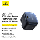 Baseus PicoGo AE11 GaN 45W Fast Charger – Black (UK) [D] - شاحن حائط  - قوة 45 واط - بيسوس - تايب سي