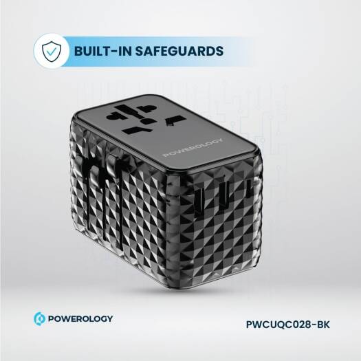 Powerology GaN 20W PD Universal Adapter Retractable Type-C Cable - Black - بلاك حائط شحن دولي - 3 فتحات للشحن - 1 فتحات تايب سي + 2 فتحة يو اس بي - قوة 20 واط  مع كيبل تايب سي - كفالة 24 شهر