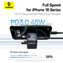 Baseus PicoGo AE11 GaN 45W Fast Charger – Black (UK) [D] - شاحن حائط  - قوة 45 واط - بيسوس - تايب سي