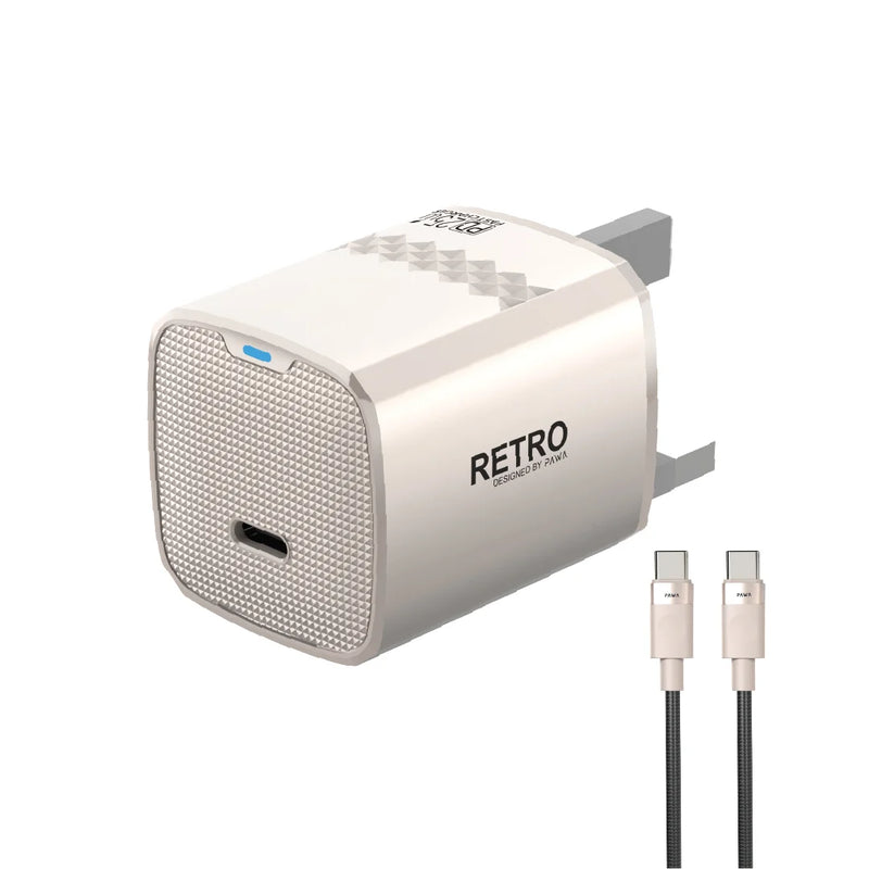 PAWA Retro PD25W Only PD Port UK Charger With USB-C to USB-C Cable - Titanium - بلاك شاحن حائط + سلك شحن تايب سي - 25 واط - باوا - كفالة 12 شهر
