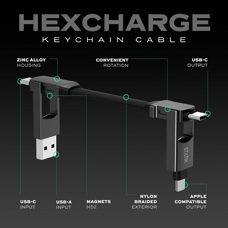 Statik HexCharge Cable 4in1 - Black[V] - سلك شحن - 4 في 1 - من يو اس بي + تايب سي - الى تايب سي + ايفون - طول 15سم - بيزك