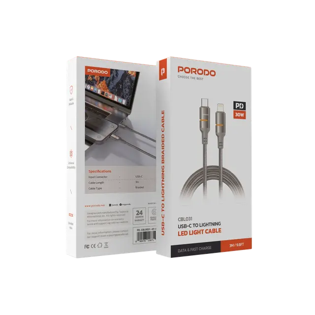 Porodo 30w Type-C To Lightning Braided Cable 3m - Grey - سلك شحن ايفون  تايب سي - برودو - كفالة سنتين - طول 3 متر
