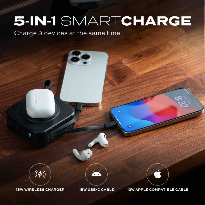 Statik SmartCharge 5-in-1 Travel Charger Power Bank - Black [V] - شاحن حائط دولي - 5 في 1 - باور بانك سعة 10000 - سلك شحن ايفون + سلك شحن تايب سي - شاشه رقمية - شاحن لاسلكي ماغ سيف - 2 فتحتين للشحن السريع - كفاله 12 شهر
