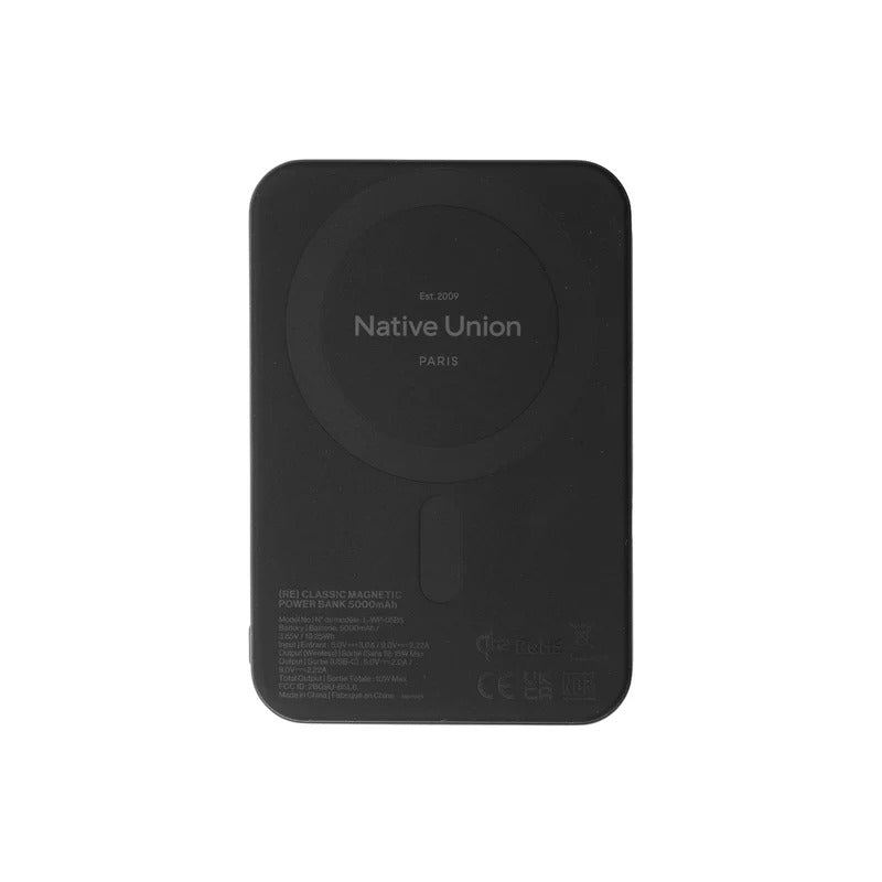 Native Union (Re)Classic Power Bank 5000mAh Qi2 - black [V] - بطارية متنقلة - ماغ سيف - قوه 15 واط - متوافقة مع ابل ايربودز - سعة 5000 ملي امبير - كفالة 12 شهر