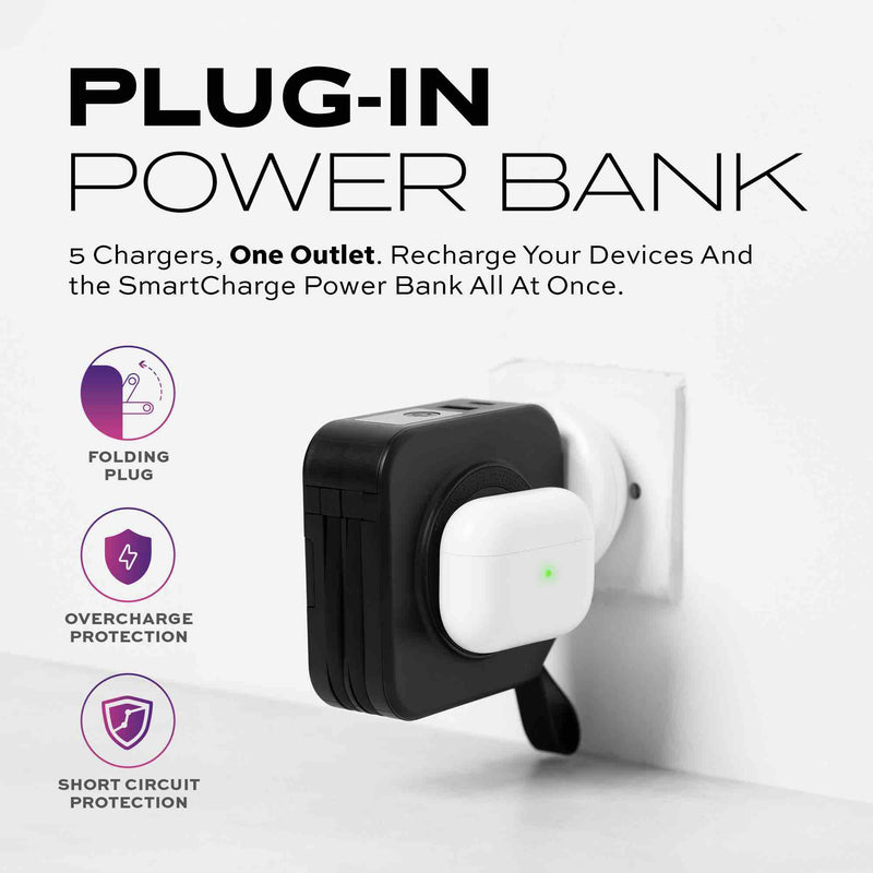 Statik SmartCharge 5-in-1 Travel Charger Power Bank - Black [V] - شاحن حائط دولي - 5 في 1 - باور بانك سعة 10000 - سلك شحن ايفون + سلك شحن تايب سي - شاشه رقمية - شاحن لاسلكي ماغ سيف - 2 فتحتين للشحن السريع - كفاله 12 شهر