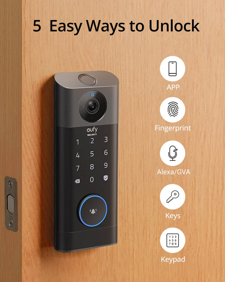 Eufy Video Smart Lock FingerPrint & Wi-Fi -Black [D] - كاميرا + قفل بصمه + جرس واي فاي من يوفي
