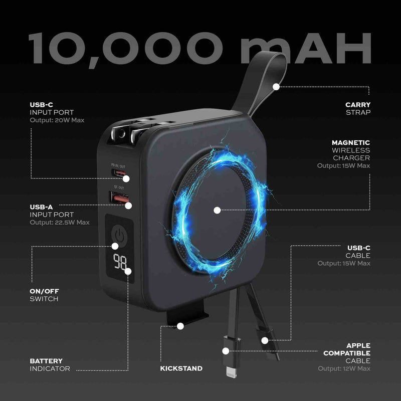 Statik SmartCharge 5-in-1 Travel Charger Power Bank - Black [V] - شاحن حائط دولي - 5 في 1 - باور بانك سعة 10000 - سلك شحن ايفون + سلك شحن تايب سي - شاشه رقمية - شاحن لاسلكي ماغ سيف - 2 فتحتين للشحن السريع - كفاله 12 شهر