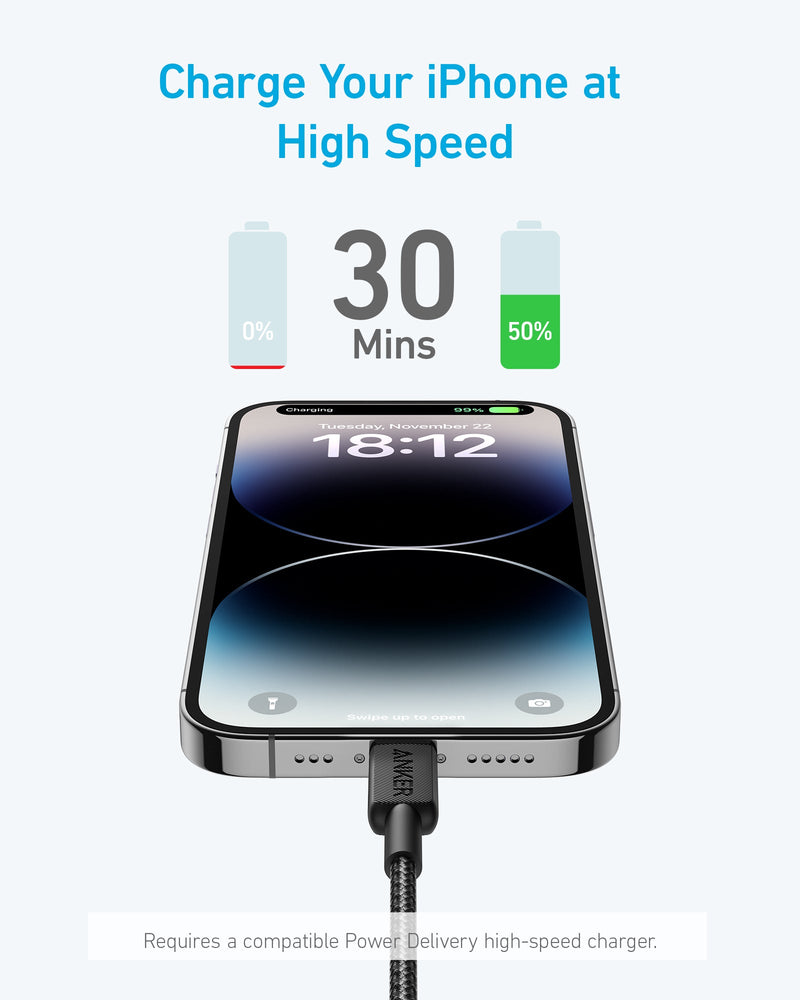 Anker 322 USB-C to Lightning Cable Braided 1.8m - Black [D] - سلك شحن - انكر - ايفون تايب سي - طول 180 سم - كفالة 18 شهر