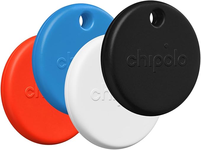 Chipolo POP 4 Pack - Tracker for Apple/Android Find My (Black, Red, White, Blue) [V] - قطعة تتبع مستلزماتكم الشخصية - تدعم نظام ابل و الاندرويد - 4 حبات - كفالة 12 شهر