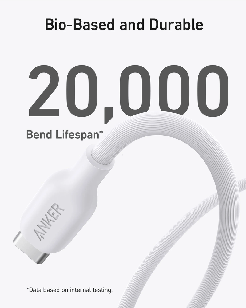 Anker 544 USB-C to USB-C Cable 140W (Bio-Based) - 1.8m - White [D] - سلك شحن - انكر - تايب سي الى تايب سي - طول 180 سم - كفالة 18 شهر