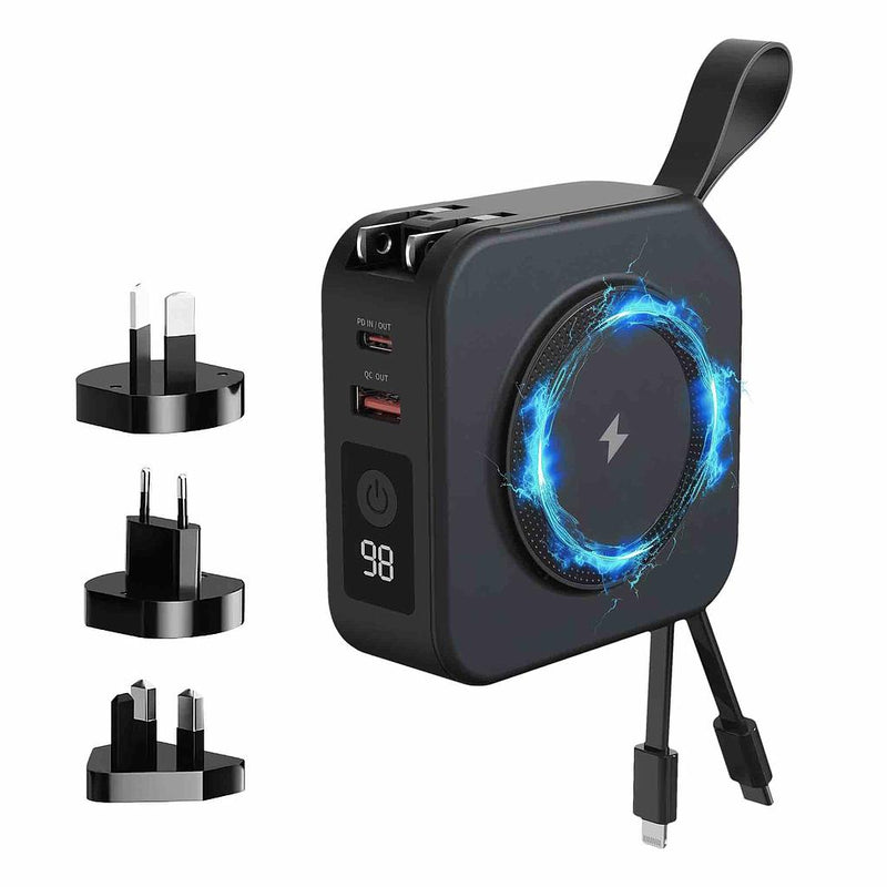 Statik SmartCharge 5-in-1 Travel Charger Power Bank - Black [V] - شاحن حائط دولي - 5 في 1 - باور بانك سعة 10000 - سلك شحن ايفون + سلك شحن تايب سي - شاشه رقمية - شاحن لاسلكي ماغ سيف - 2 فتحتين للشحن السريع - كفاله 12 شهر