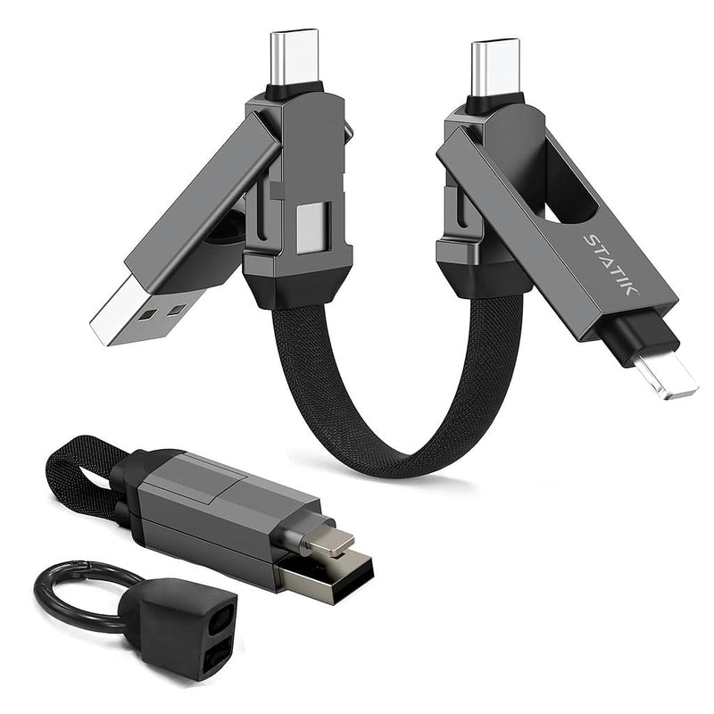 Statik HexCharge Cable 4in1 - Black[V] - سلك شحن - 4 في 1 - من يو اس بي + تايب سي - الى تايب سي + ايفون - طول 15سم - بيزك