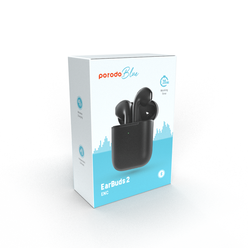 Porodo Blue Deep Bass Wireless Earbuds 2  - Black [O] - سماعة برودو - بلوتوث - كفالة 12 شهر