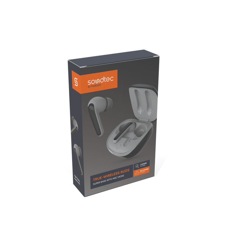 Porodo Soundtec True-Wireless Buds Super Bass With ANC Mode - Black [O] - سماعة برودو - بلوتوث - كفالة 12 شهر