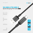 Pawa 3A USB-A TO TYPE C Quick Charging PVC Cable PW122 | Black - سلك شحن تايب سي - باوا - طول 1.2 سم - كفالة 24 شهر
