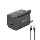 PAWA Retro PD25W Only PD Port UK Charger With USB-C to USB-C Cable - Black - بلاك شاحن حائط + سلك شحن تايب سي - 25 واط - باوا - كفالة 12 شهر
