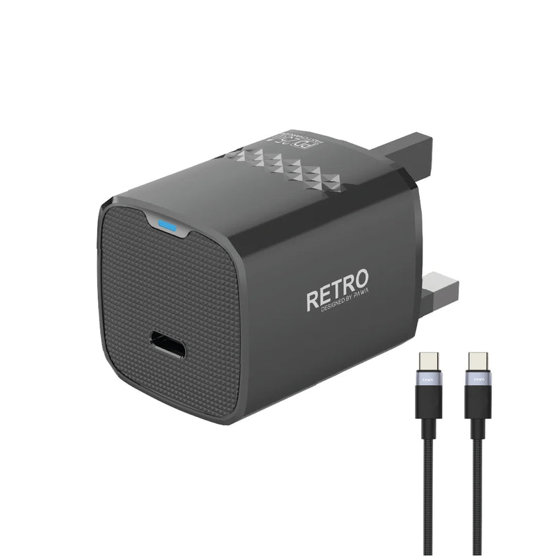 PAWA Retro PD25W Only PD Port UK Charger With USB-C to USB-C Cable - Black - بلاك شاحن حائط + سلك شحن تايب سي - 25 واط - باوا - كفالة 12 شهر