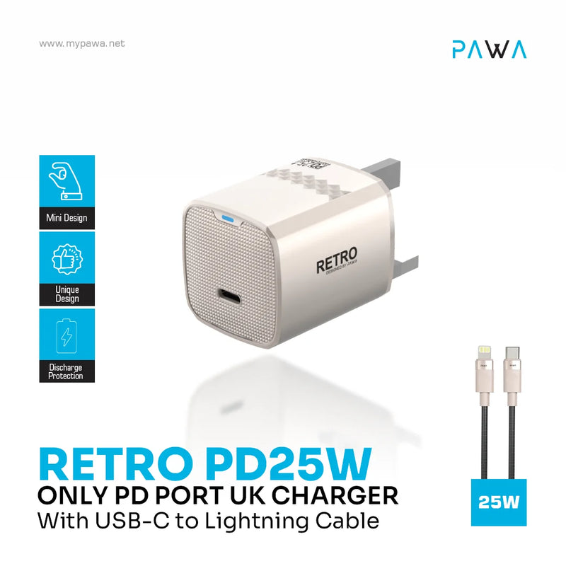 Pawa PocketMini Travel Charger Dual PD + QC Port 20W With Type-C to Lightning Cable - بلاك شاحن حائط + سلك شحن ايفون - 25 واط - باوا - كفالة 12 شهر