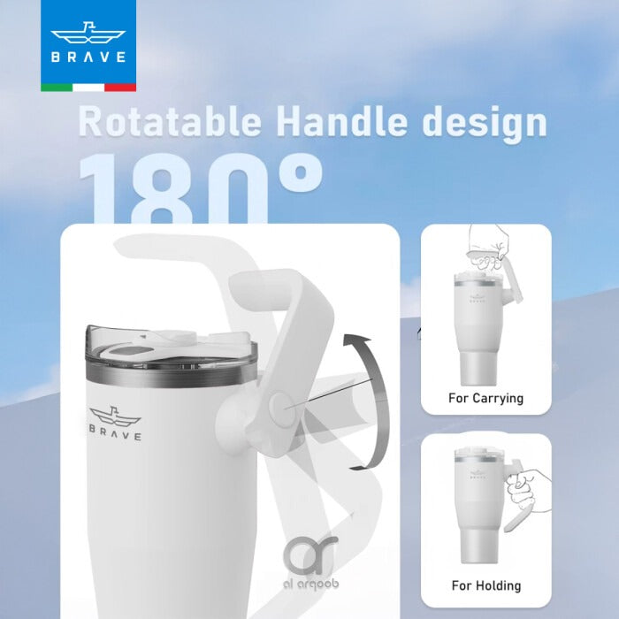 Brave Temp Guard Vacuum Insulated Travel Mug – 180° Rotating Handle, 24H Cold & 12H Hot Retention, Leak-Proof Lids, 950ml – White [S] - مطارة حافظة للحرارة  والبرودة