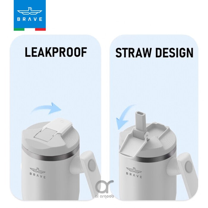 Brave Temp Guard Vacuum Insulated Travel Mug – 180° Rotating Handle, 24H Cold & 12H Hot Retention, Leak-Proof Lids, 950ml – White [S] - مطارة حافظة للحرارة  والبرودة